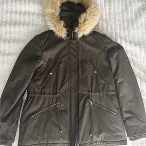 Zara Olive Puffer Jacket with Detachable Faux Fur Hood